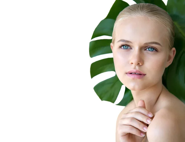 Young Beautiful Blonde Model Close Eyes Green Leaf Isolated White — Stock Photo, Image
