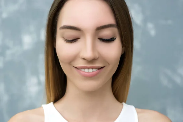 Eyelash Extension Procedure Beauty Model Perfect Fresh Skin Long Eyelashes — Stock Photo, Image