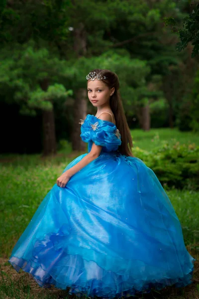 Krásná Holčička Peří Princové Šaty Pózovat Lese — Stock fotografie