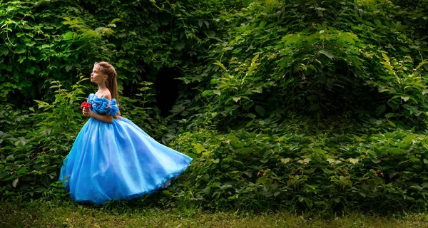 Menina Bonita Vestido Príncipes Fingidos Posando Floresta — Fotografia de Stock