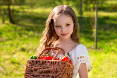 Şirin gülümseyen küçük kız, çiftlikte domates ve salatalık dolu sepeti tutuyor. Meyve ve sebze hasadı. Dışarıdaki sevimli küçük çocuğun portresi. Mevsimlik.
