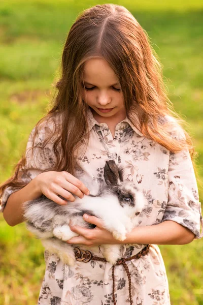 Happy Little Child Girl Cute Rabbit Portrait Kid Pet Outdoors — Stock Photo, Image