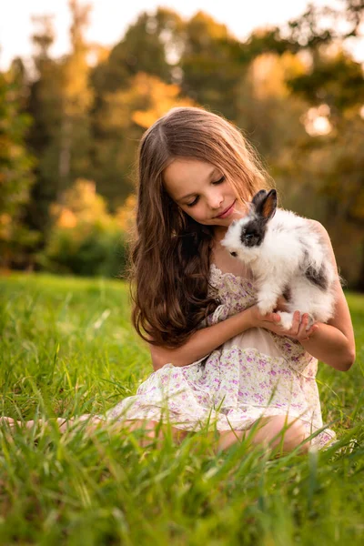Happy Little Child Girl Cute Rabbit Portrait Kid Pet Outdoors — Stock Photo, Image