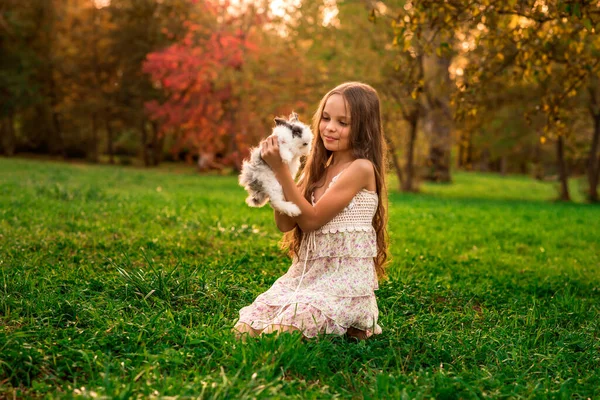 Happy Little Child Girl Cute Rabbit Portrait Kid Pet Outdoors — Stock Photo, Image