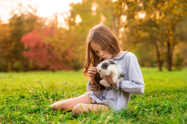 Happy Little Child Girl Cute Rabbit Portrait Kid Pet Outdoors — Stock Photo, Image