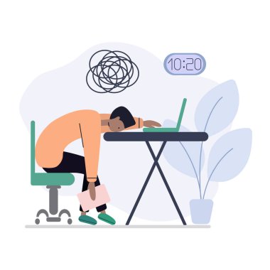 Profesyonel tükenmiş, elinde kağıt parçalarıyla çalışan Afro-Amerikan bir adam, yorgun bir erkek. Düz vektör illüstrasyonu.