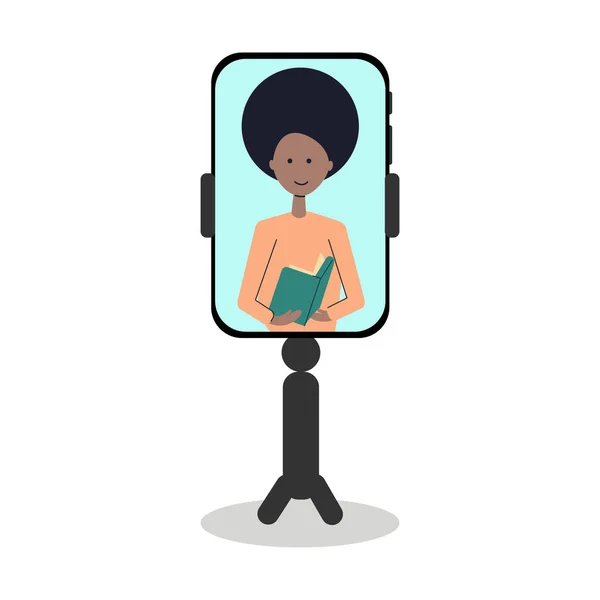 Tripod Smartphonem Line Domácí Učení Afro Americká Žena Učitelka Učebnicí — Stockový vektor