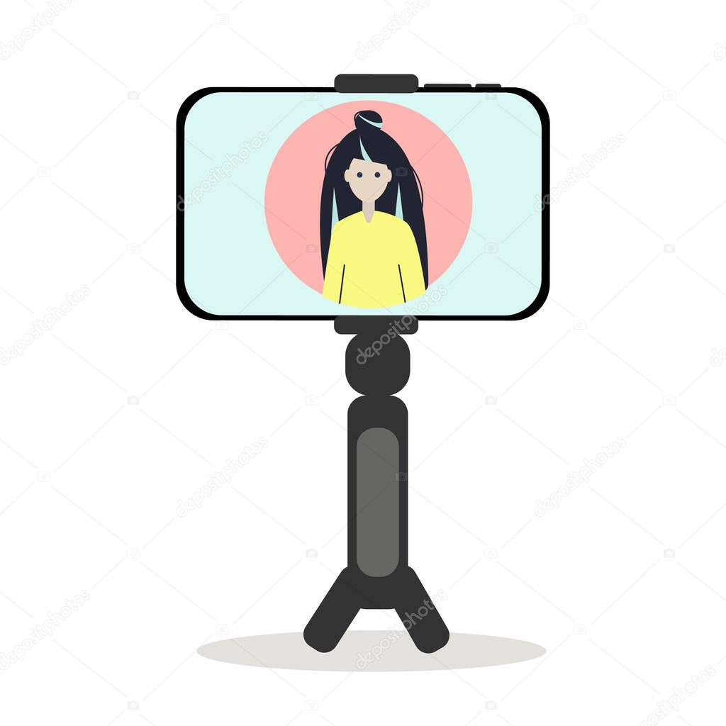 Tripod with smartphone, online video chat with daughter or friend. Flat vector illustration.