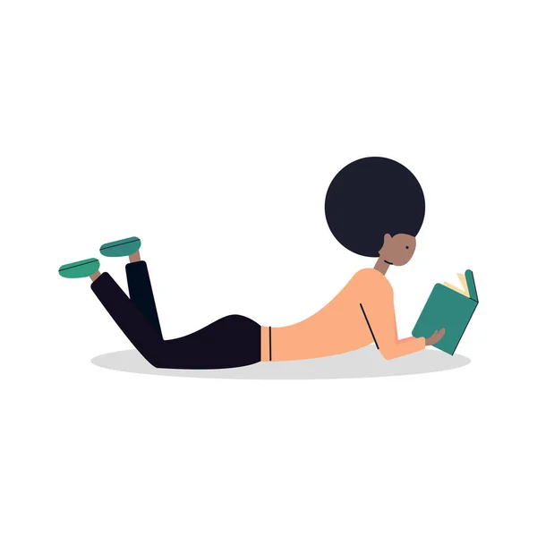 Black Woman Lying Floor Reading Book Flat Modern Vector Illustration — Stock Vector