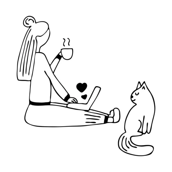 Doodle Mulher Com Laptop Gato Fica Casa Desenho Ilustração Vetorial — Vetor de Stock