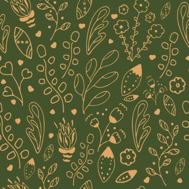 Koyu yeşil arka planda elle çizilmiş çiçek deseni.