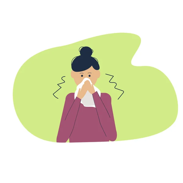 Una Chica Con Secreción Nasal Estornudos Con Pañuelo Ilustración Vectorial — Vector de stock
