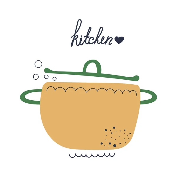 Cazuela Dibujada Mano Ilustración Vectorial Plana Texto Cocina — Vector de stock