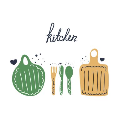 Elle kesilmiş tahta, çatal, kaşık, bıçak ve metin mutfağı. Düz vektör illüstrasyonu.