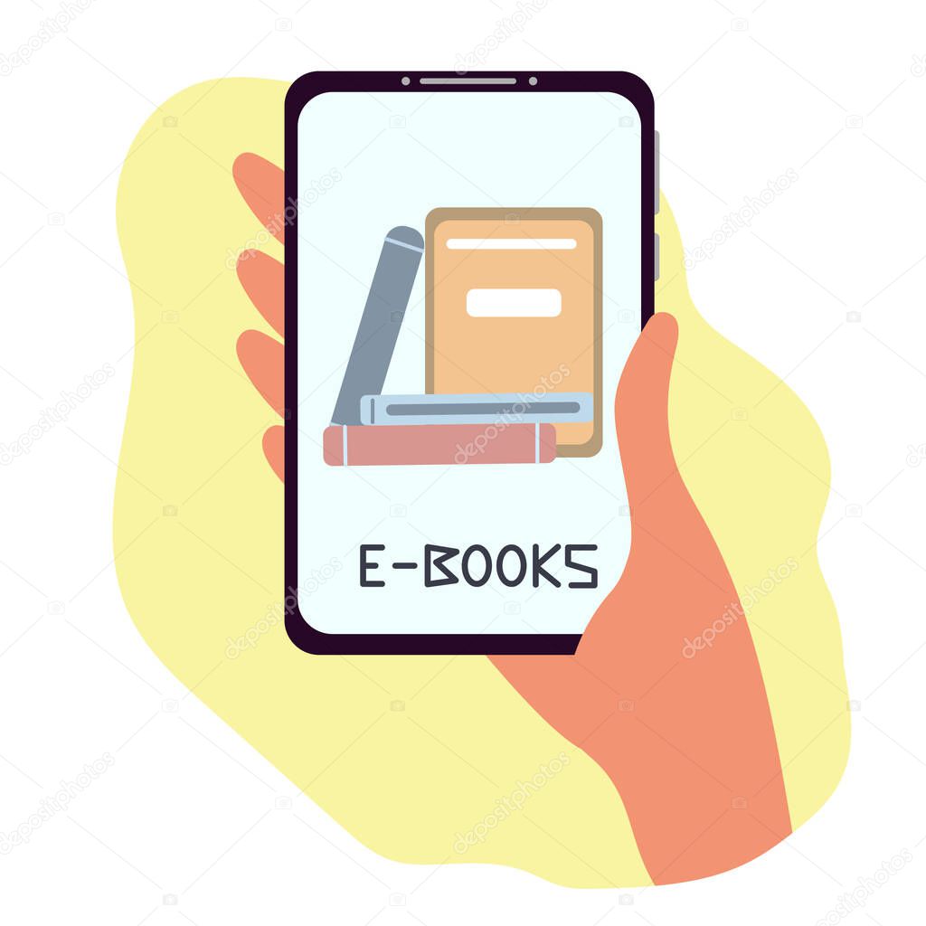 Hand with smartphone and e-books app on the screen. Flat vector illustration.