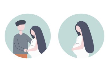 Bir hamile kadının iki simgesi ve bir erkek karısına sarılıyor. Hamileliğin sembolü. Modern düz vektör illüstrasyonu.