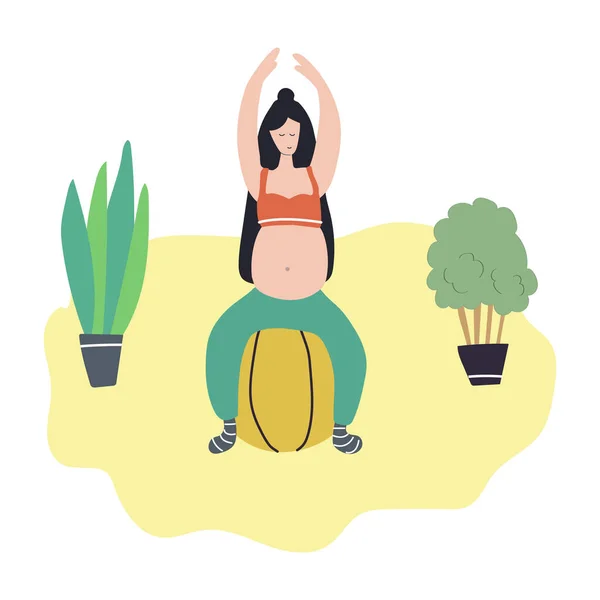 Hand Drawn Pregnant Woman Doing Yoga Fit Ball Modern Flat — Stock Vector