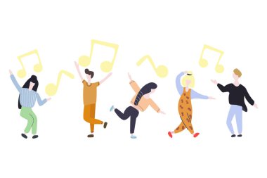 Büyük notlarla dans eden insanlar. Bir grup genç erkek ve kadın. Düz vektör çizimi beyaz arkaplanda izole edildi.