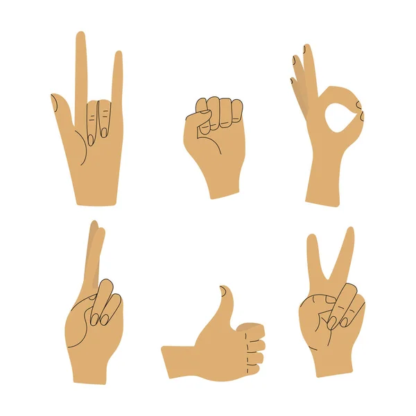 Conjunto Mãos Mostrando Gesto Chifres Diabo Punho Símbolo Poder Paz — Vetor de Stock