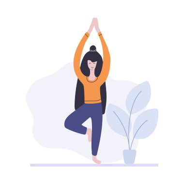 Yoga pozu veren bir kadın, spor salonu, pilates. Evde spor var. Düz vektör illüstrasyonu.