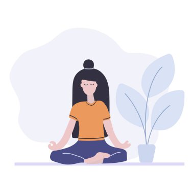 Yoga pozisyonunda oturan kadın, nilüfer pozisyonu. Evde meditasyon. Düz vektör çizimi. El çizimi konsept. 
