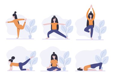 Yoga pozu veren, spor yapan, pilates yapan kadınlar. Evde spor var. Düz vektör illüstrasyonu.