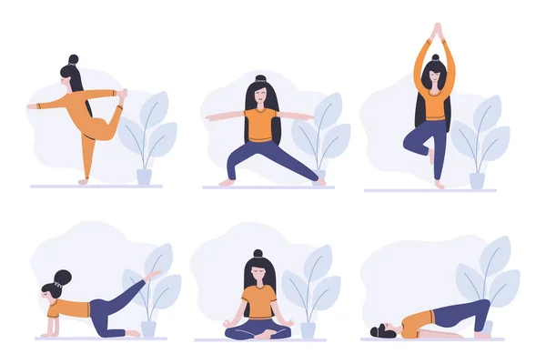 Ensemble Femmes Debout Dans Pose Yoga Exercice Fitness Pilates Sport — Image vectorielle
