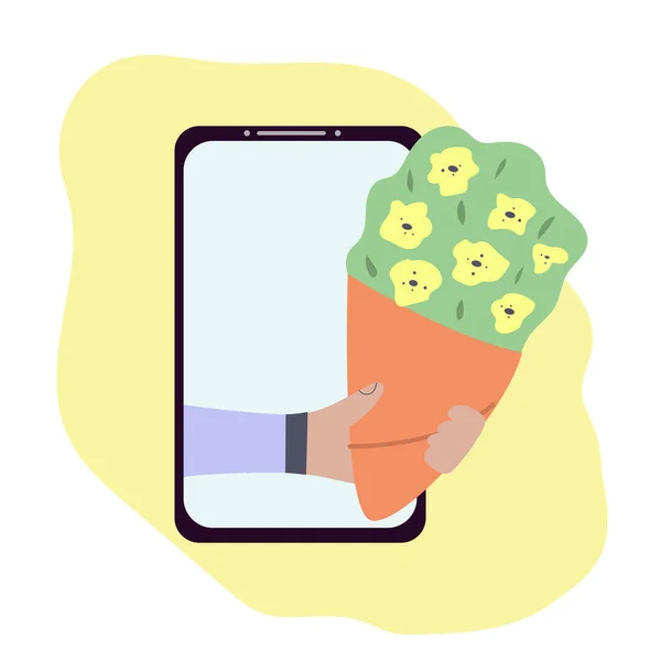 Conceito Entrega Flores Buquê Saindo Tela Smartphone Linha Ilustração Vetorial — Vetor de Stock