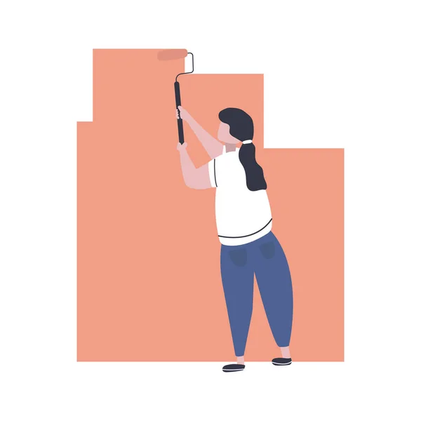 Kadın Bir Silindir Kullanarak Pembe Boyayla Bir Duvar Boyuyor Tamiri — Stok Vektör