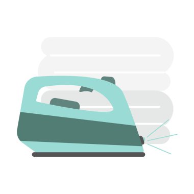 Düz çamaşır ütüsü ve arka planda ütülenmiş giysiler. Vektör çizimi. Ev elektriği aygıtı.