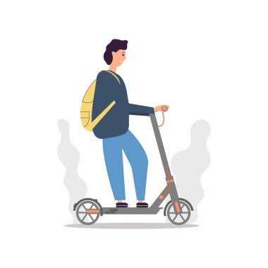 Sırt çantalı genç bir adam elektrikli scooter kullanıyor, bir tür şehir ulaşımı. Düz vektör illüstrasyonu.
