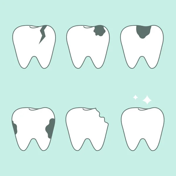 Conjunto Dentes Saudáveis Insalubres Conceito Odontológico Cuidados Bucais Ilustração Vetorial — Vetor de Stock