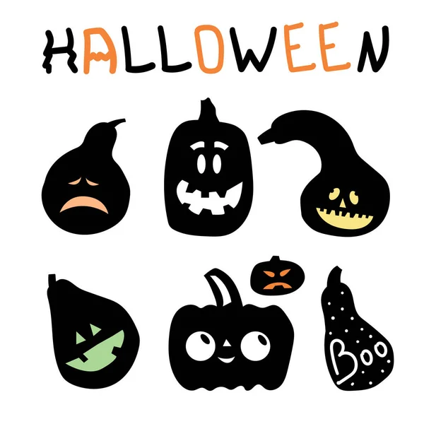 Schwarze Silhouetten Von Kürbissen Mit Gesichtern Halloween Flache Illustration — Stockvektor