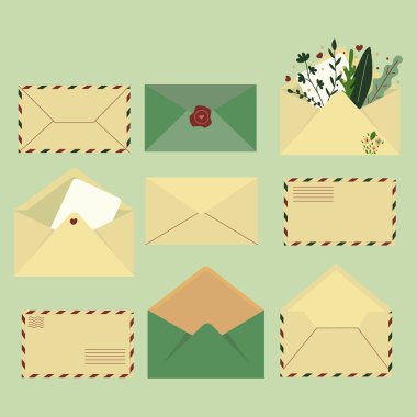 Zarf seti, zarflar, mektuplar, kartpostal, mesaj, e-posta. Modern düz resimleme.