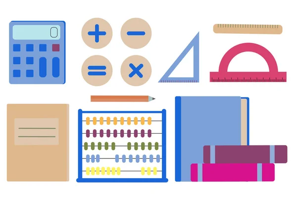 Conjunto Objetos Matemáticos Álgebra Símbolos Concepto Educación Científica Ilustración Plana — Archivo Imágenes Vectoriales