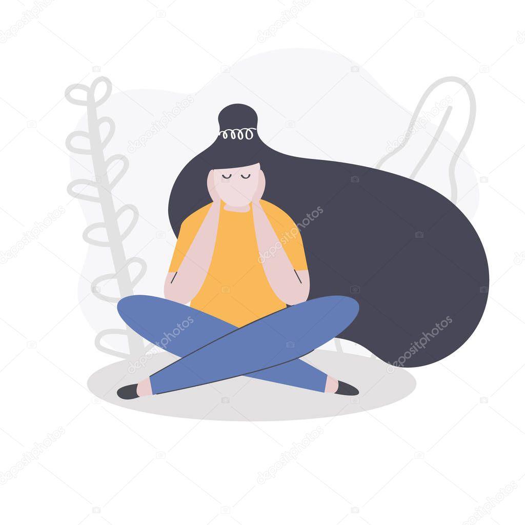 Tired and bored woman sits and holds her head in her hands. Experience apathy and depression,boredom, poor health exhausted concept. Flat illustration.
