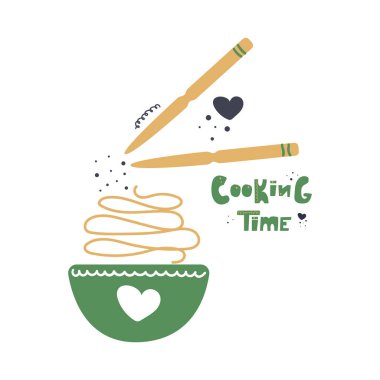 Yemek çubukları ve bir kase erişte. Yemek pişirme zamanı. Uluslararası gıda konsepti. Yemek kursu. Asyalı, tava, ramen. Düz Çizim.