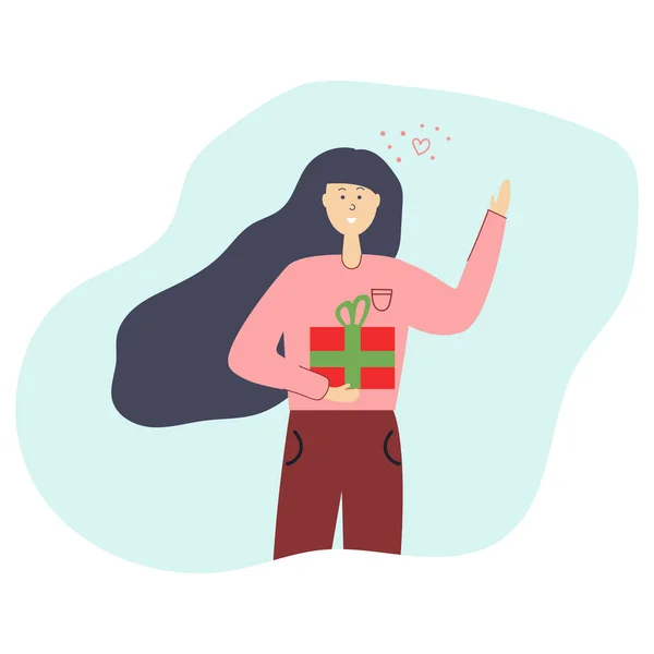 Femme Sourire Tenir Boîte Cadeau Dans Main Illustration Plate — Image vectorielle