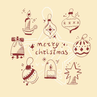 El çizimi mumlar, Noel ağacı oyuncakları ve toplar, yıldız ve çan. Mutlu Noeller mesajı..