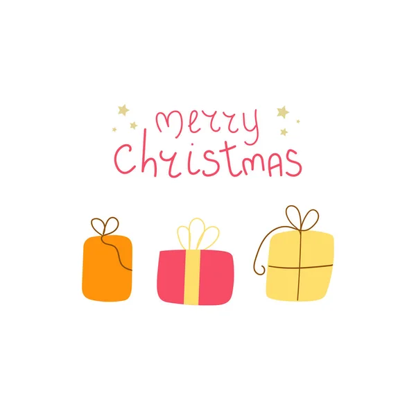 Ручной Рисунок Текста Рождеством Подарочные Коробки Плоская Иллюстрация Дизайна Поздравительных — стоковый вектор
