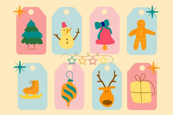 Étiquettes Noël Dessinées Main Autocollants Patchs Avec Des Éléments Dessin — Image vectorielle