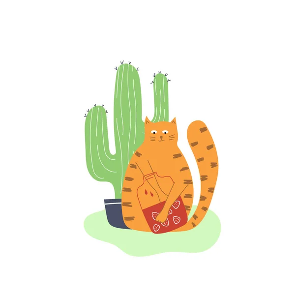 Hand Drawn Cat Big Jar Strawberry Jam Cactus Flat Illustration — Stock Vector