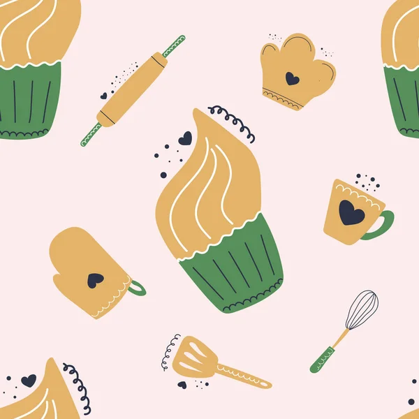 Patrón Sin Costuras Cupcakes Dibujados Mano Concepto Panadería Ilustración Plana — Vector de stock