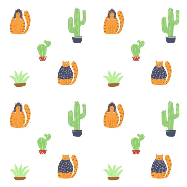 Patrón Dibujado Mano Con Lindos Gatos Cactus Ilustración Plana Para — Archivo Imágenes Vectoriales