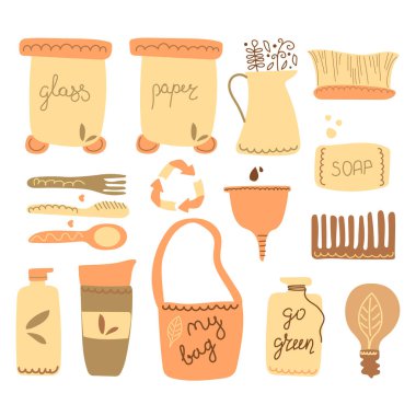 Büyük bir sıfır atık elementi seti. Eko yaşam konsepti. Düz vektör çizimi. Yeniden kullanılabilir karalama ürünleri. Yeşil olsun, plastik olmasın, gezegeni kurtarın..