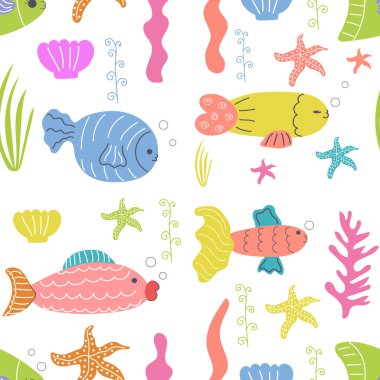 El yapımı dikişsiz balık deseni, deniz yosunu, çocuk tasarımı için deniz kabuğu. Düz Çizim.