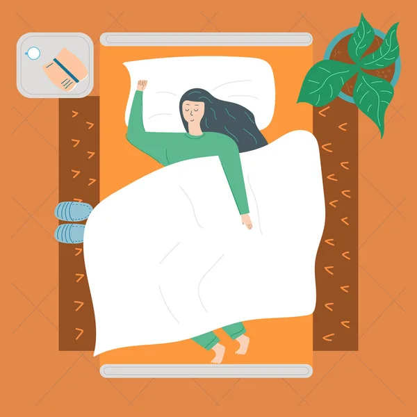 Jeune Femme Dormant Seule Sur Lit Souriant Illustration Plate Moderne — Image vectorielle