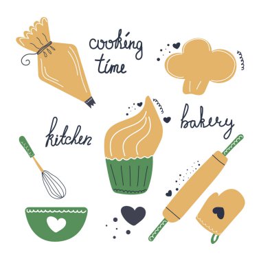 El yapımı fırın seti, kek, pasta poşeti, merdane, tutacağı, aşçı şapkası. Sevimli düz çizim.