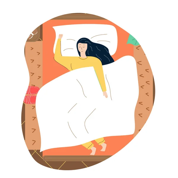 Χέρι Ζωγραφισμένο Χαριτωμένο Νεαρή Γυναίκα Κοιμάται Μόνη Στο Κρεβάτι Της — Διανυσματικό Αρχείο