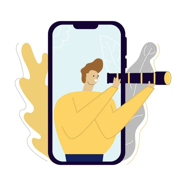 Roztomilý Zábavný Muž Drží Dalekohled Rukou Obrazovce Chytrého Telefonu Hledat — Stockový vektor